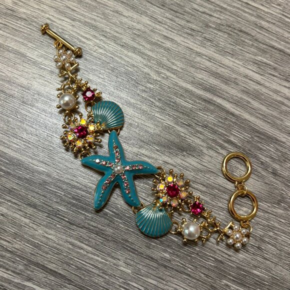 Turquoise Blue Ocean Beach Shell Starfish Seashell Crystal Statement Bracelet - Picture 2 of 6